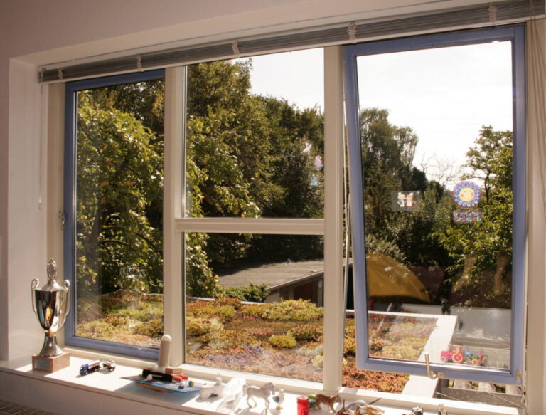 weiße und blaue Fenster mit Ausblick in den Garten