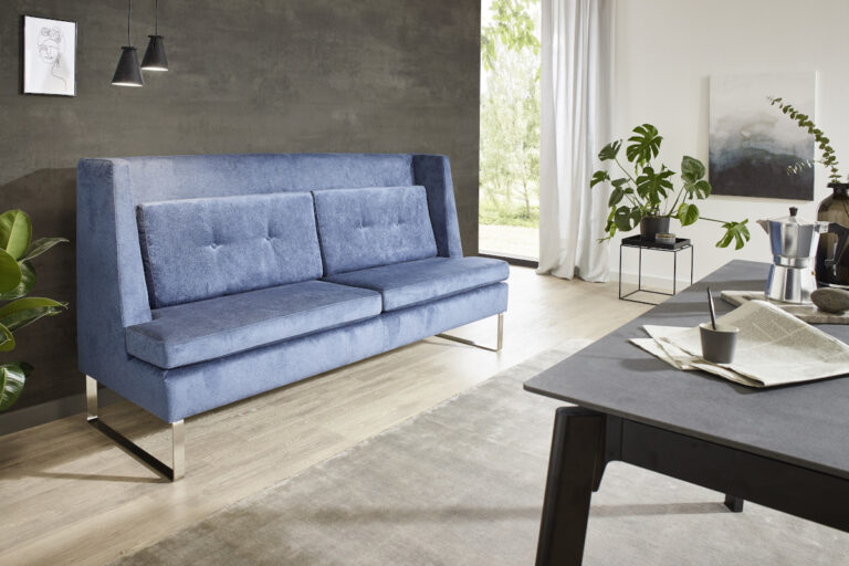 blaues, hohes Dining-Sofa mit Metallkufen in Edelstahl
