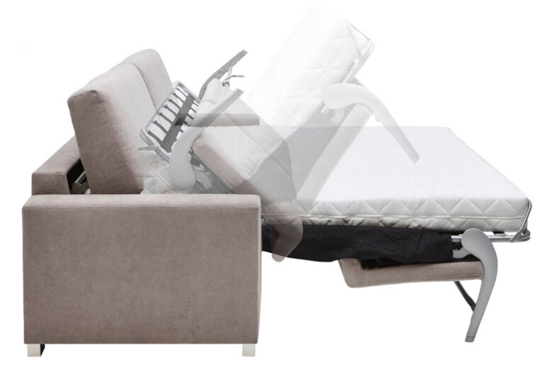 Verwandlung eines Schlafsofas von der Sitzposition in die Schlafposition