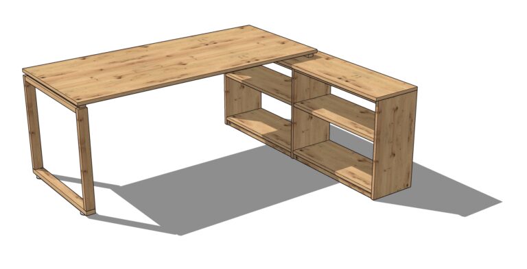 3D-Zeichnung eines Schreibtischs mit Regal