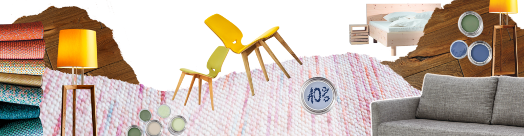 Collage mit Teppich, Sofa, Lampe, Stoffmuster, Farbdosen, Holzbett