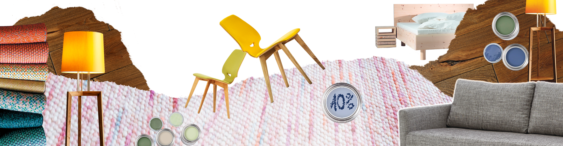 Collage mit Teppich, Sofa, Lampe, Stoffmuster, Farbdosen, Holzbett